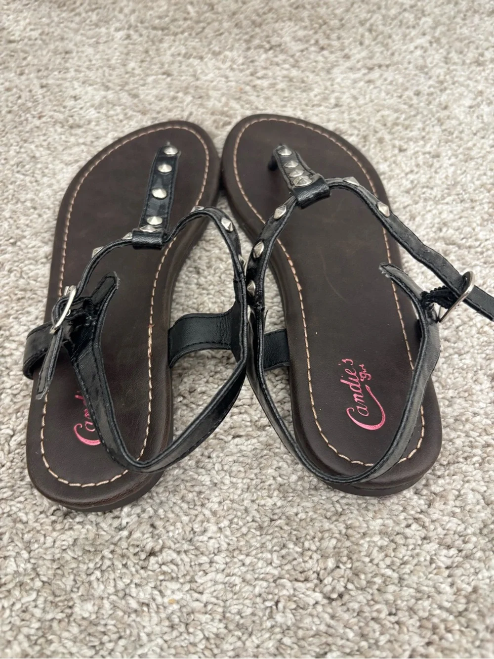 Girls NEW Candie's Black Studded T-Strap Sandals